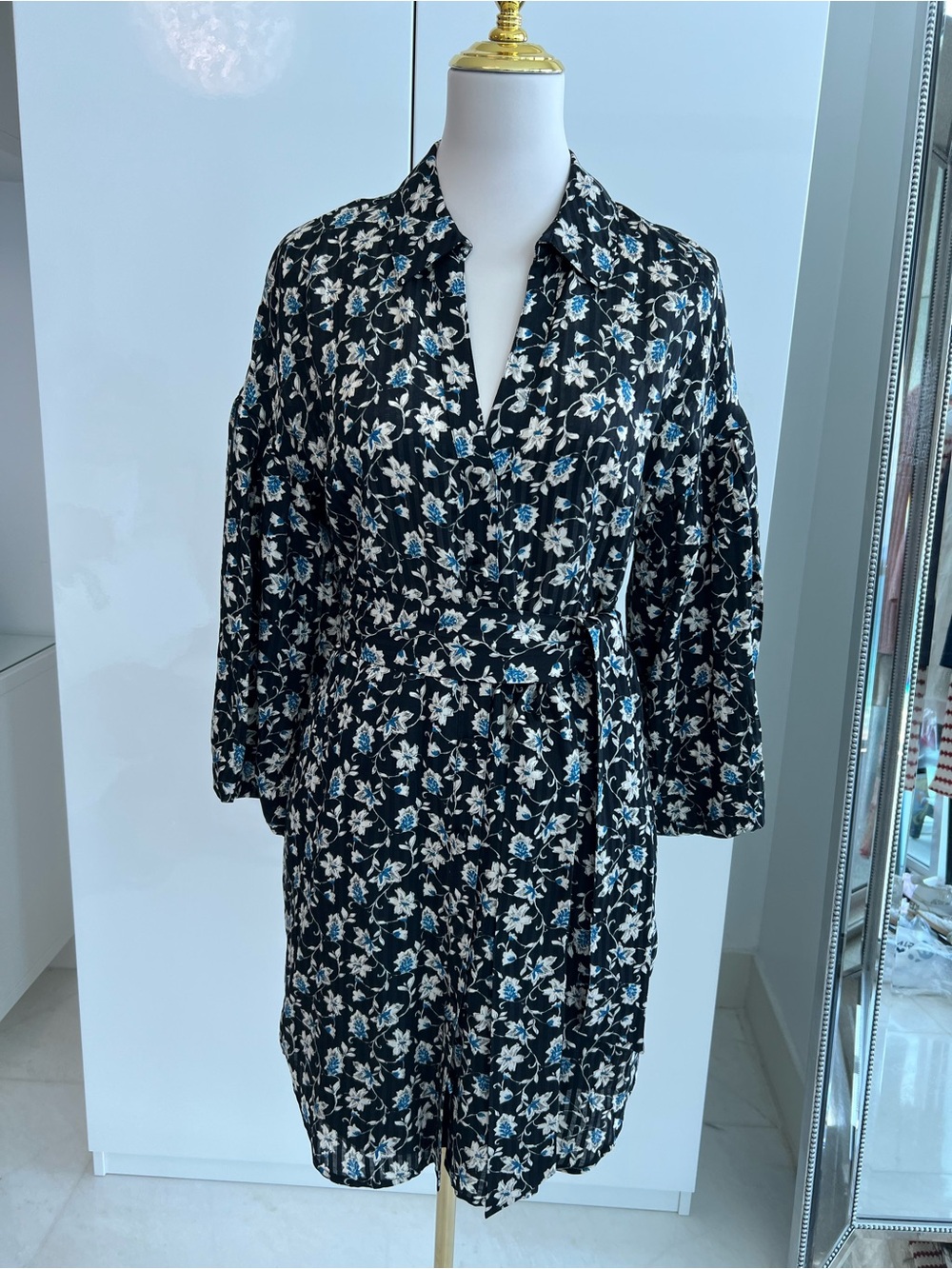 VERONICA BEARD Samy Black Blue Floral Silk Blend Mini Shirtdress 6